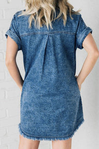 Allie Raw Hem Pocketed Cap Sleeve Denim Dress