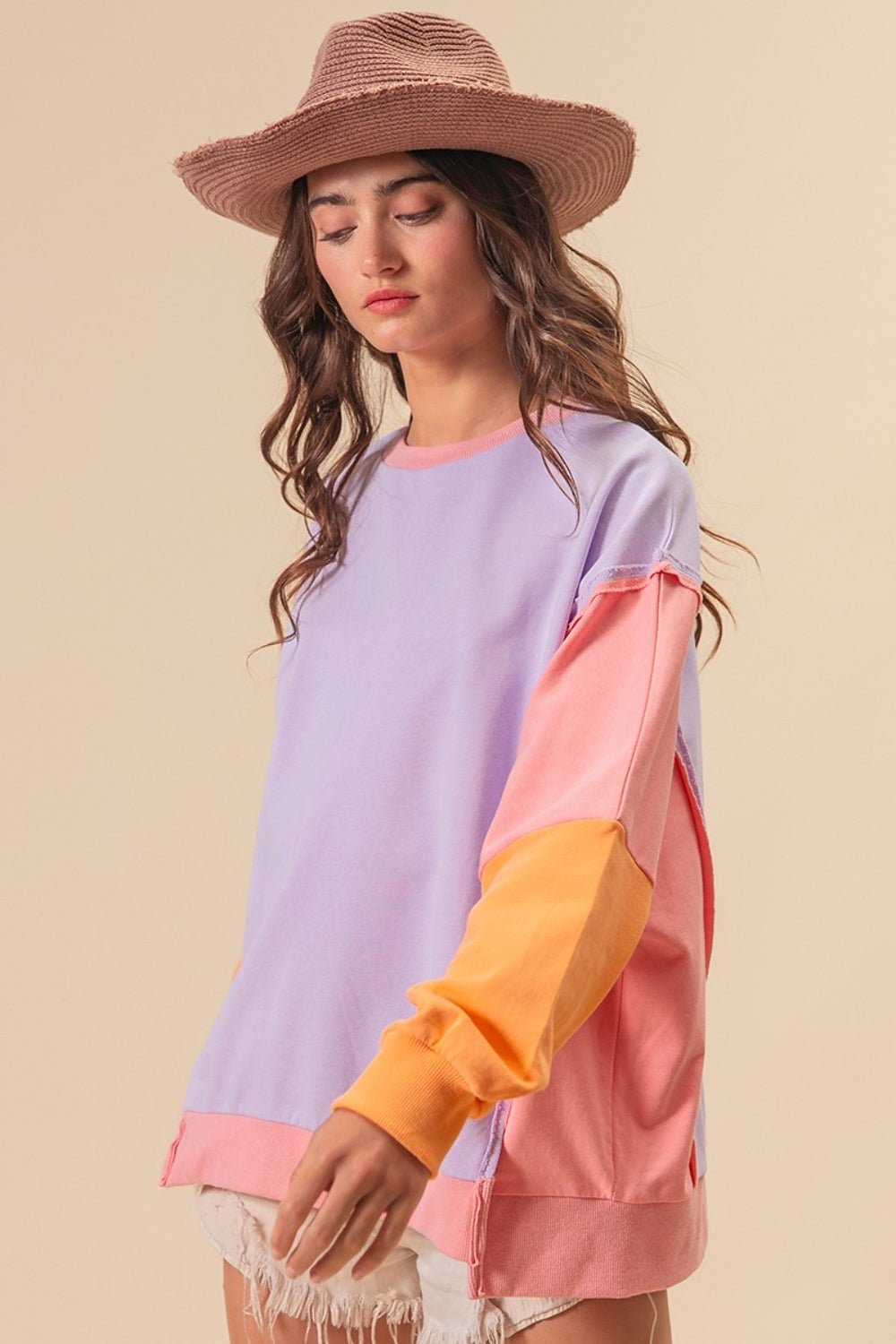 Purple Washed Color Block Sweatshirt