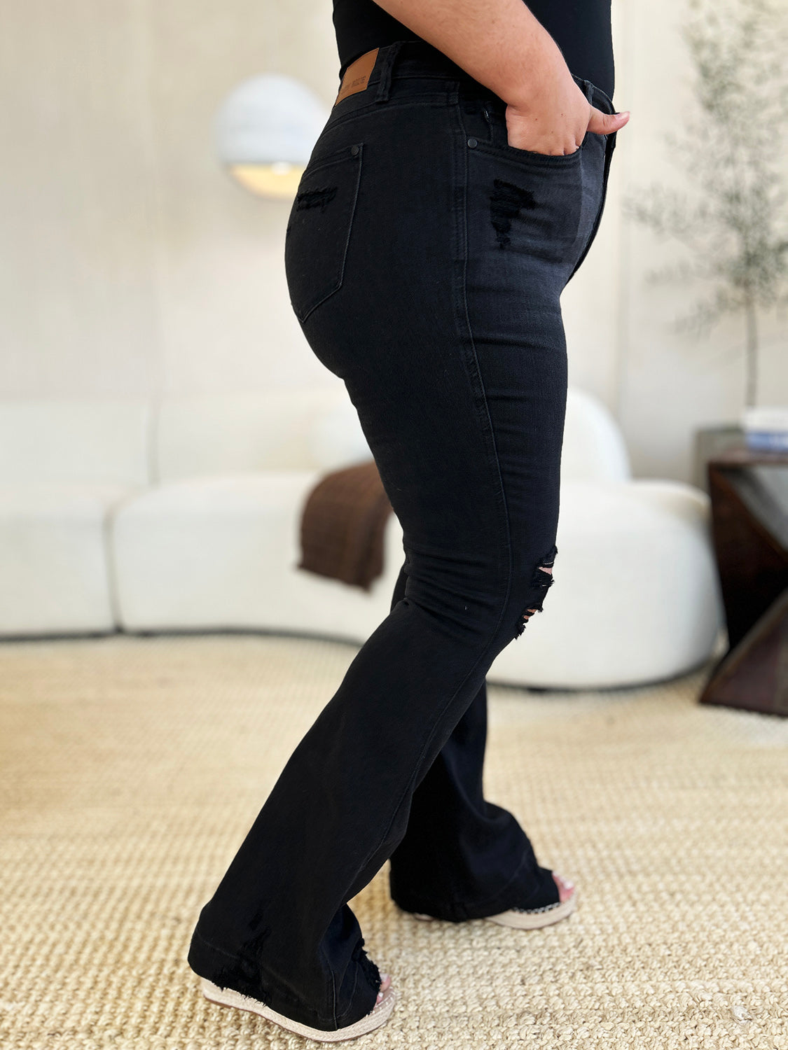 Janet Black Full Size High Waist Distressed Flare Jeans