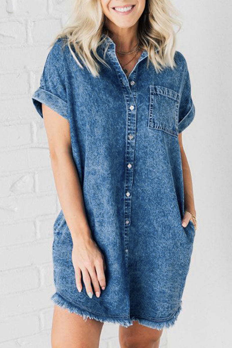 Allie Raw Hem Pocketed Cap Sleeve Denim Dress