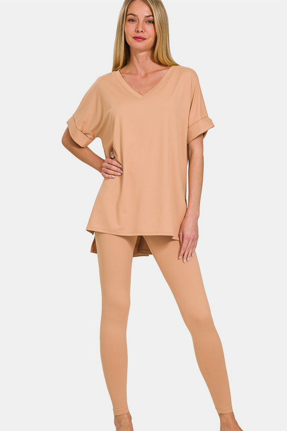 Buttery Soft V-Neck Rolled Short Sleeve T-Shirt and Leggings Lounge Set