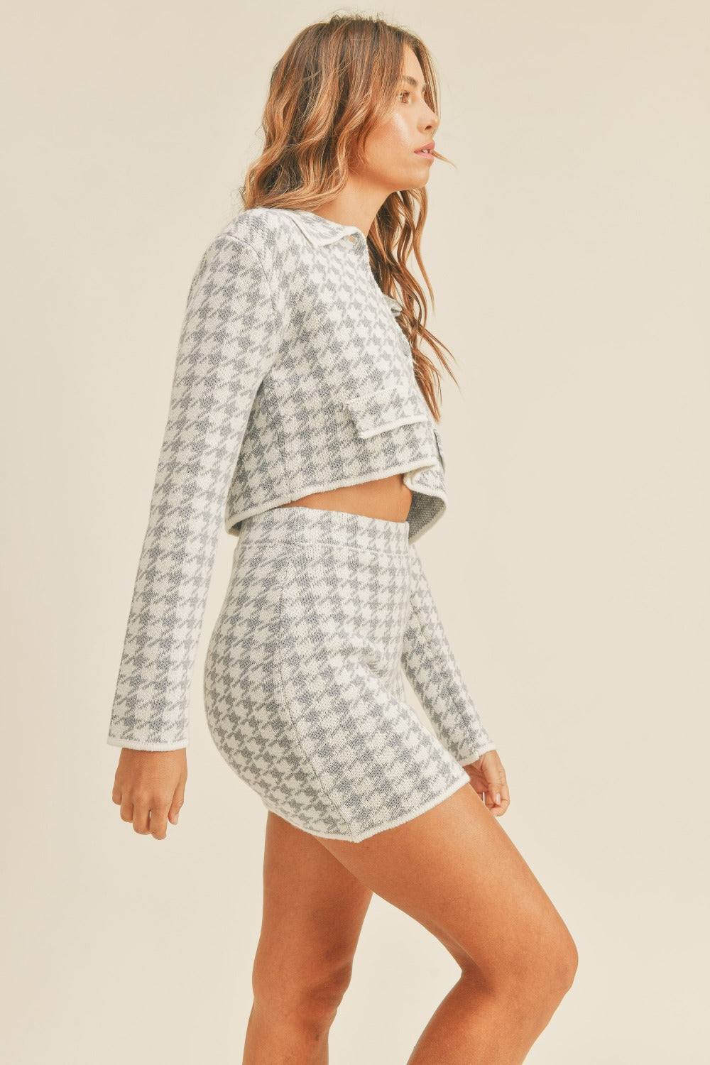 Alexis Houndstooth Cropped Knit Cardigan and Mini Skirt Set