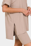 Ash Mocha Full Size V-Neck Short Sleeve Slit T-Shirt and Shorts Set