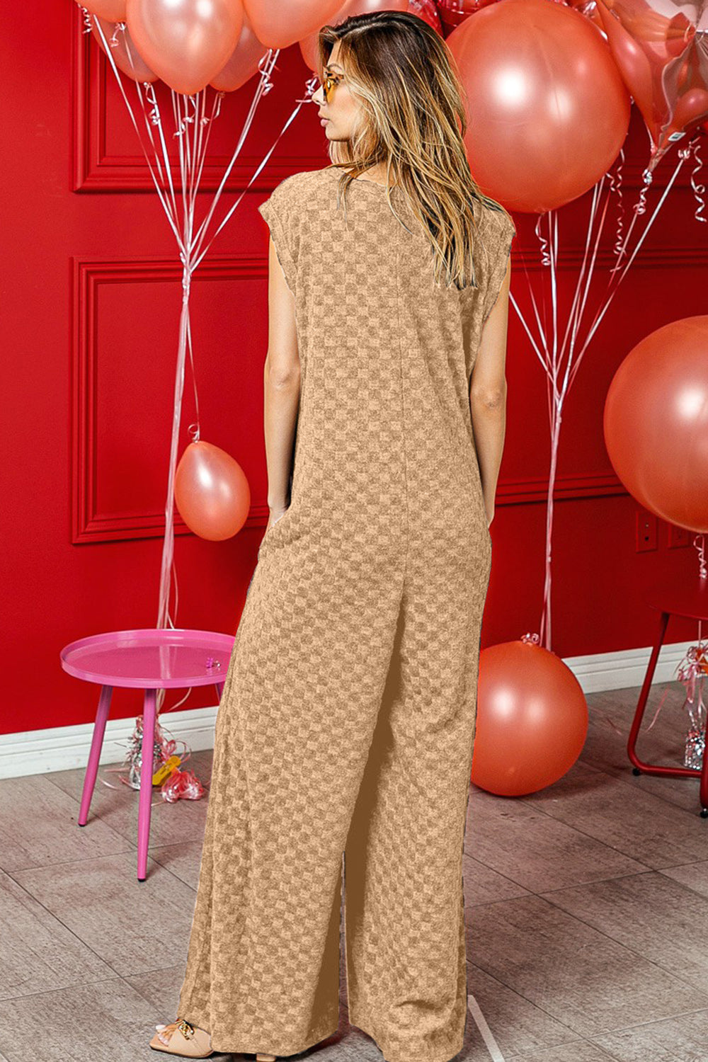 Checkered Cap Sleeve Wide Leg Jumpsuit with Pockets