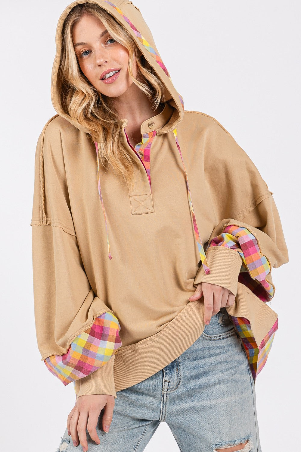 Colors Of Autumn Plaid Print Washed Hoodie