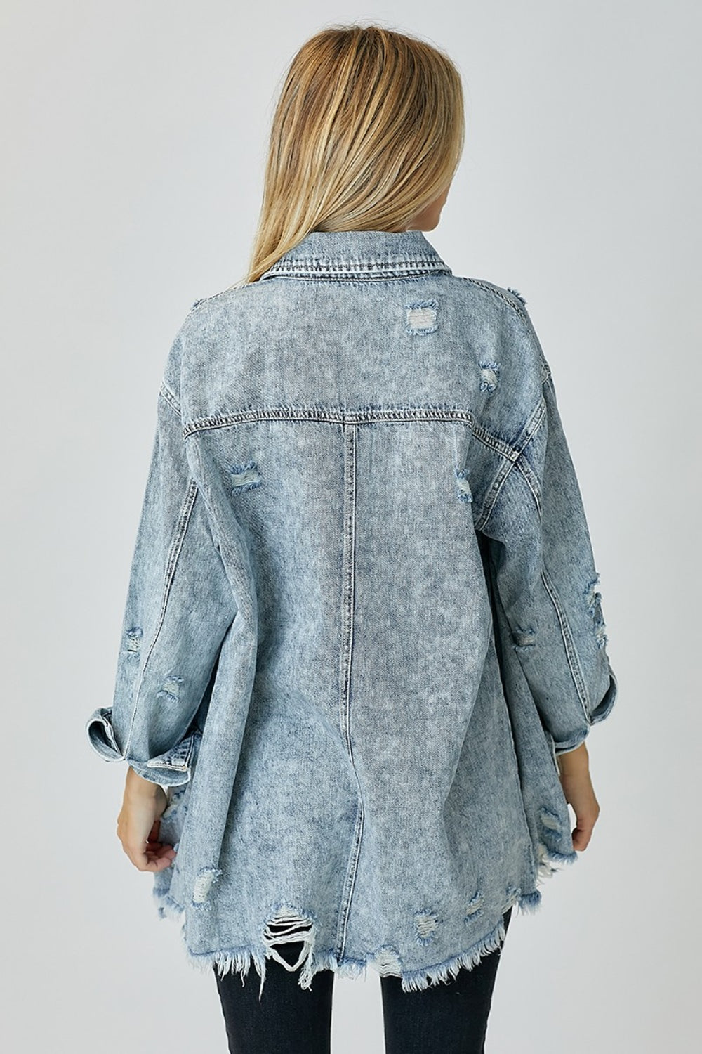 JessieJane Distressed Raw Hem Denim Shirt