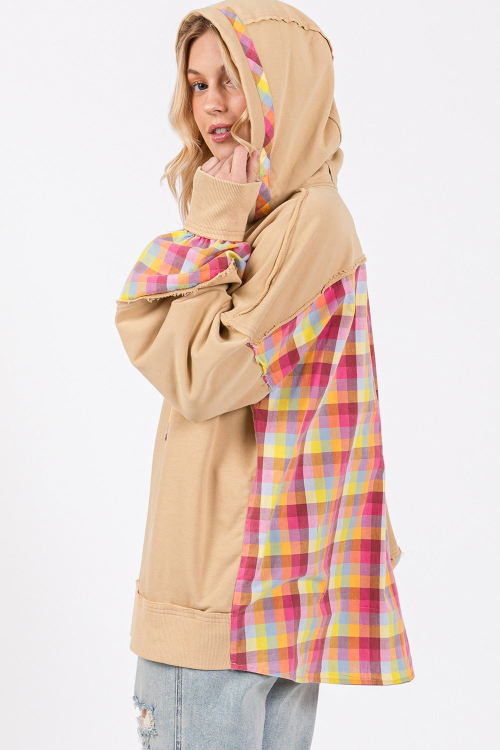 Colors Of Autumn Plaid Print Washed Hoodie