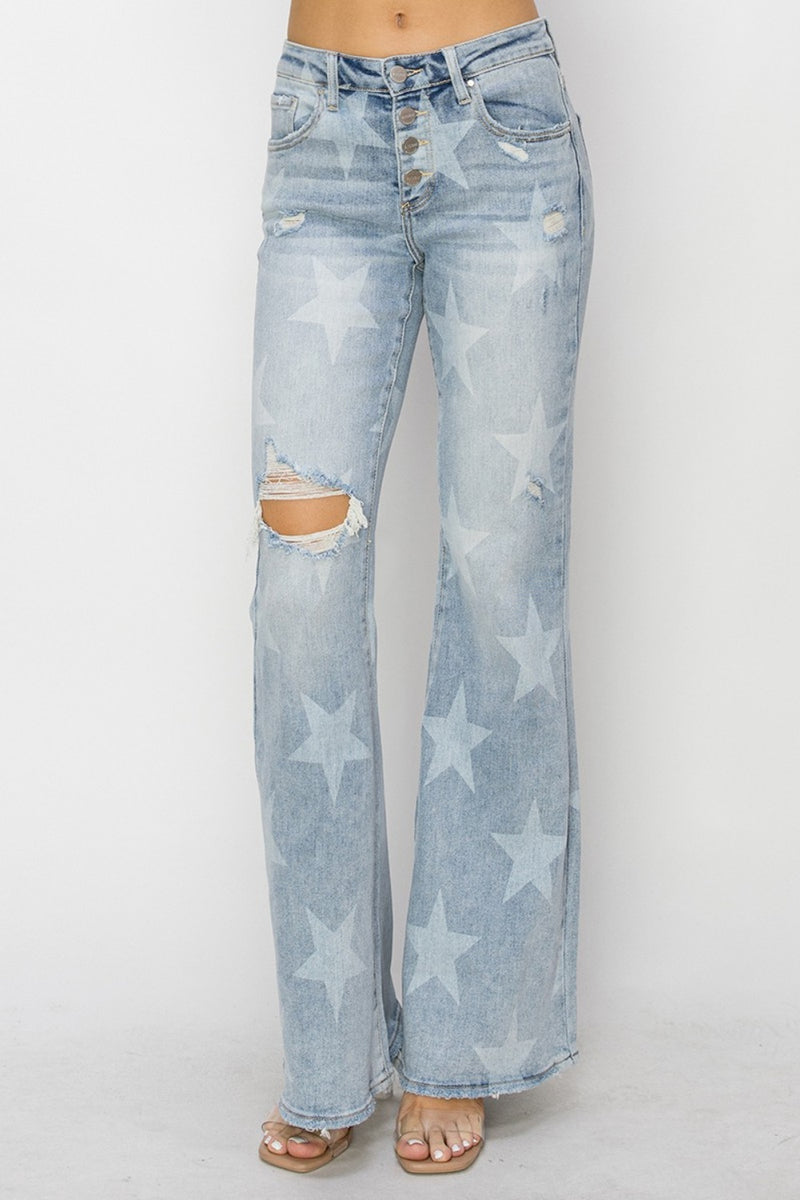 Stars Align Mid Rise Button Fly Star Print Flare Jeans