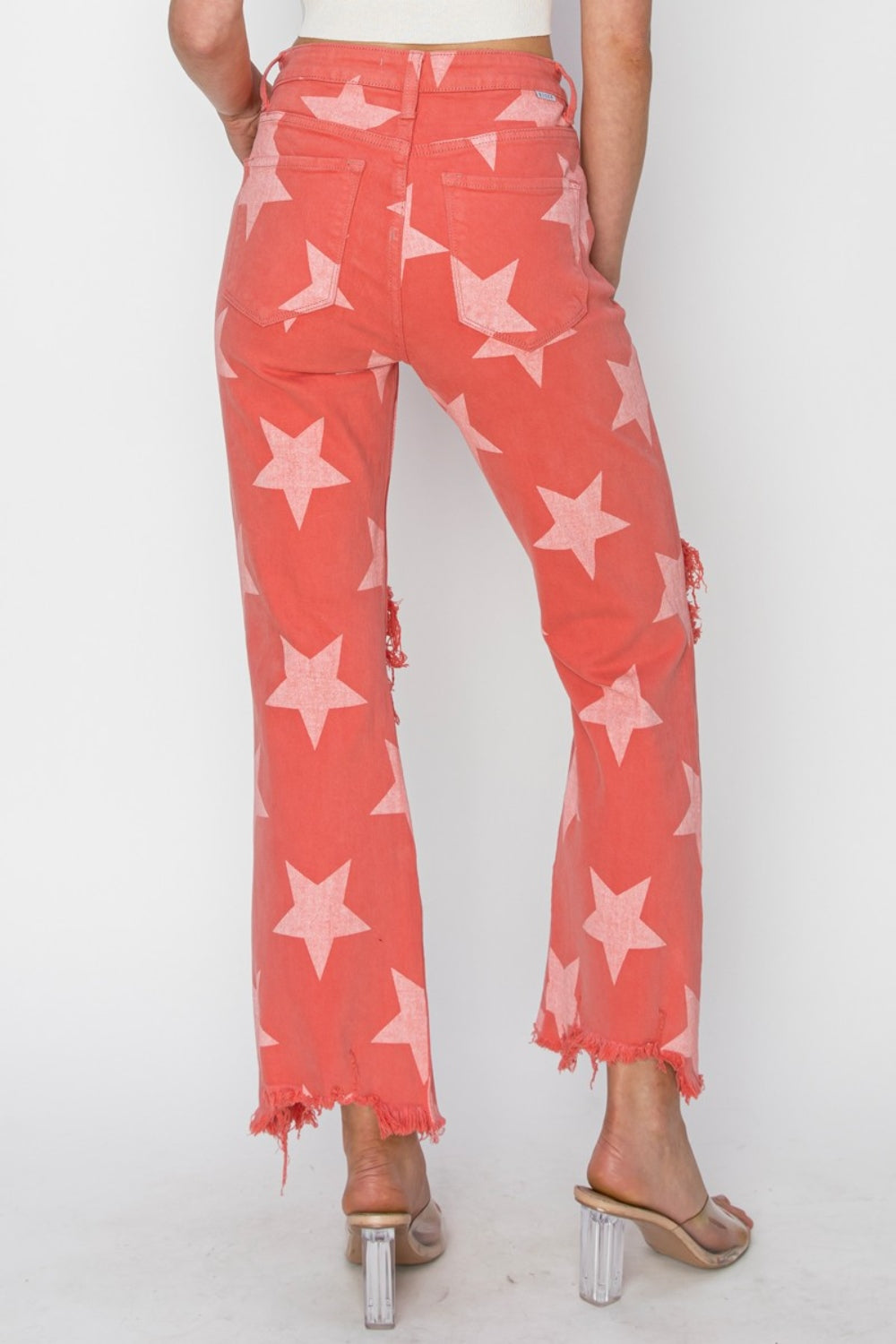 Patriotic Distressed Raw Hem Star Pattern Jeans