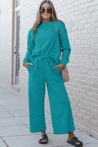 Raven Textured Long Sleeve Top and Drawstring Pants Set