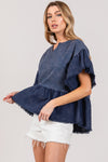Navy Ruffle Sleeve Washed Short Sleeve Blouse