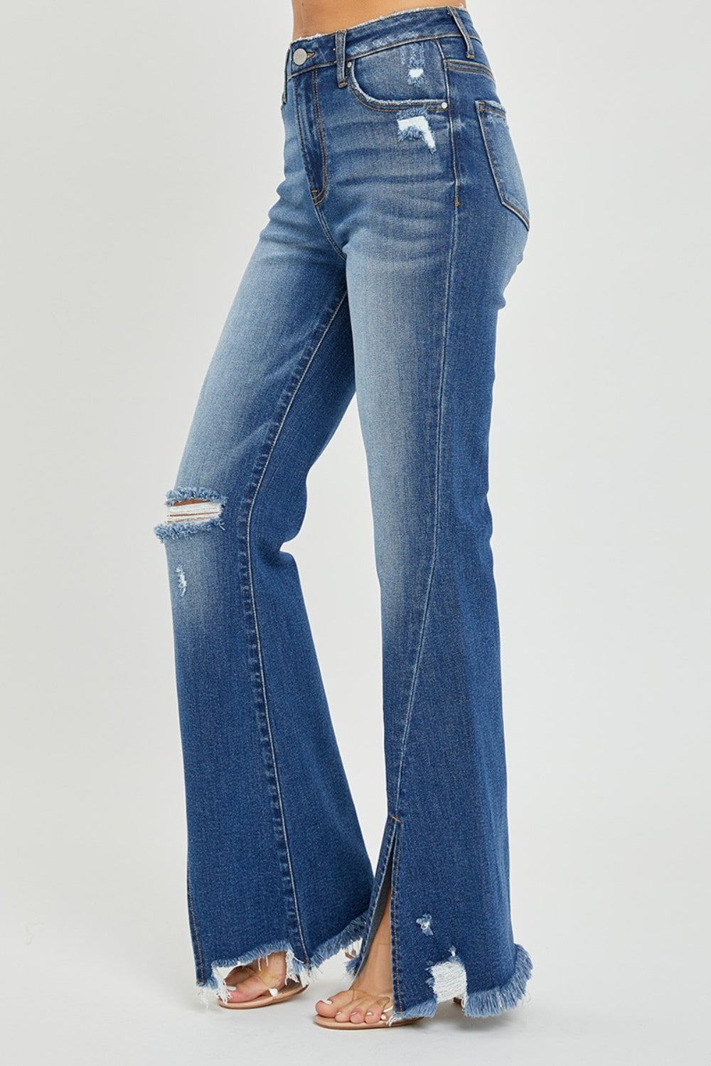 Rhonda High Rise Front Slit Frayed Hem Flare Jeans