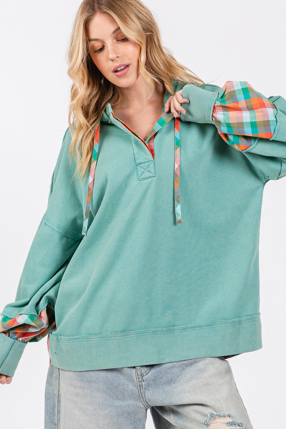 Colors Of Fall Plaid Print Washed Hoodie
