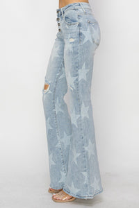 Stars Align Mid Rise Button Fly Star Print Flare Jeans