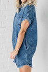 Allie Raw Hem Pocketed Cap Sleeve Denim Dress