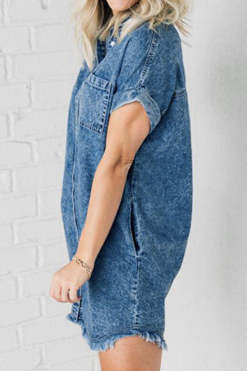 Allie Raw Hem Pocketed Cap Sleeve Denim Dress