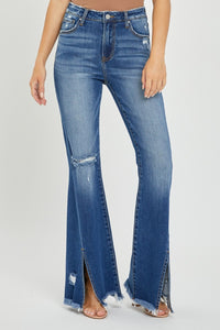 Rhonda High Rise Front Slit Frayed Hem Flare Jeans