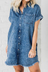 Allie Raw Hem Pocketed Cap Sleeve Denim Dress