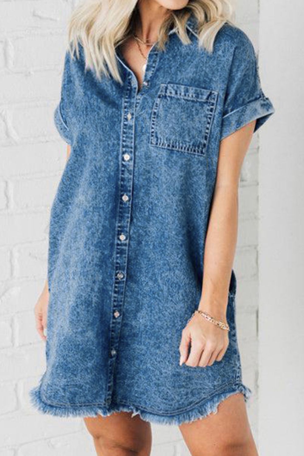 Allie Raw Hem Pocketed Cap Sleeve Denim Dress