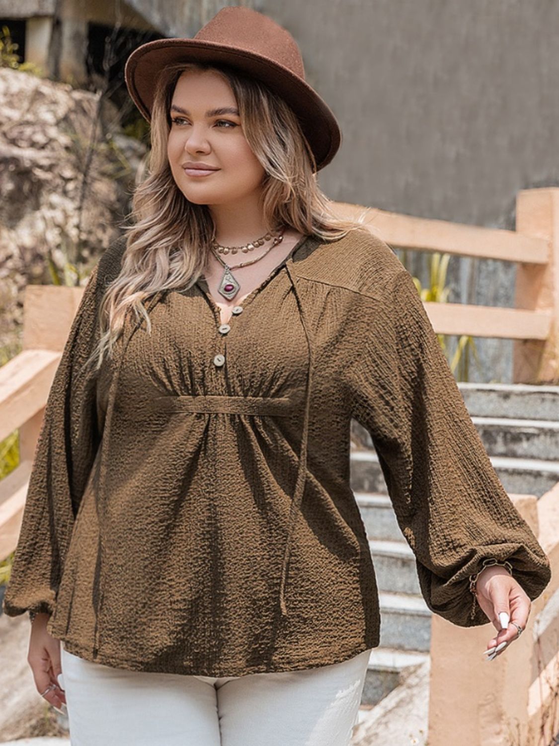 Chocolate Plus Size Tie Neck Long Sleeve Blouse