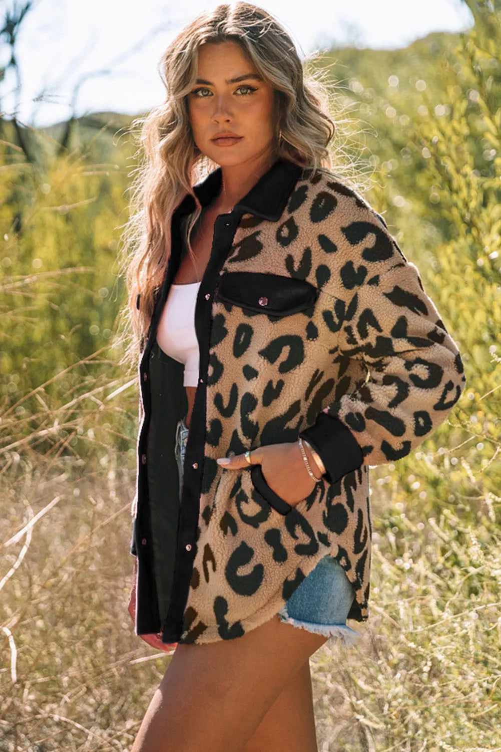 Black Trim Leopard Teddy Shacket with Pockets
