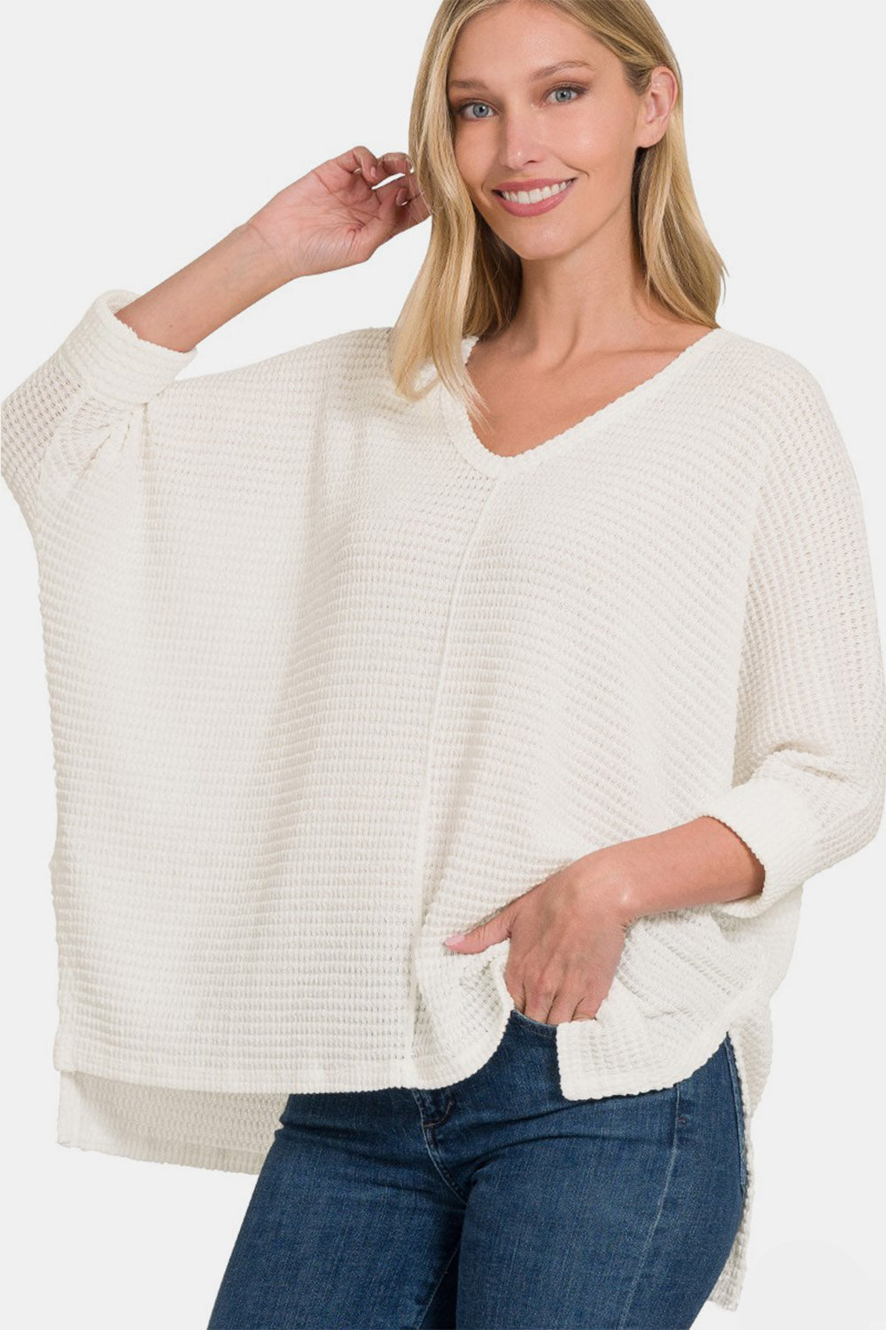 Off White Round Neck High-Low Slit Knit Top
