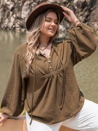 Chocolate Plus Size Tie Neck Long Sleeve Blouse