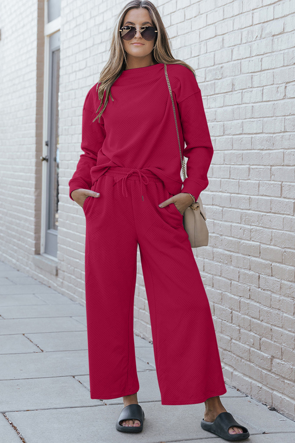 Raven Textured Long Sleeve Top and Drawstring Pants Set