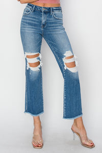 Mid Rise Distressed Cropped Flare Jeans