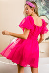 Madison Hot Pink Puff Sleeve Organza Mini Dress
