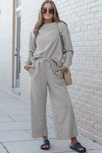 Raven Textured Long Sleeve Top and Drawstring Pants Set