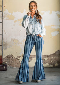 Stripe Button Fly Denim Flare Jeans