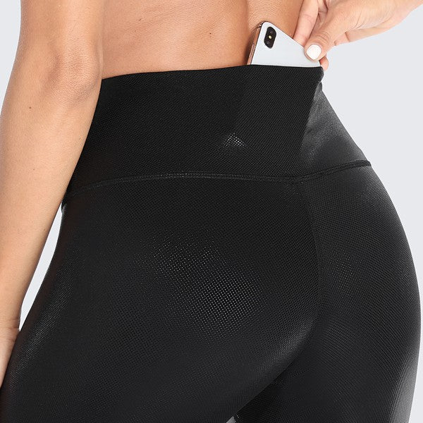 Black Liquid Metallic Workout Leggings With Pocket