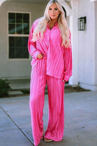 Barbie Girl Pleated Button Up Shirt and Wide-Leg Pants Set