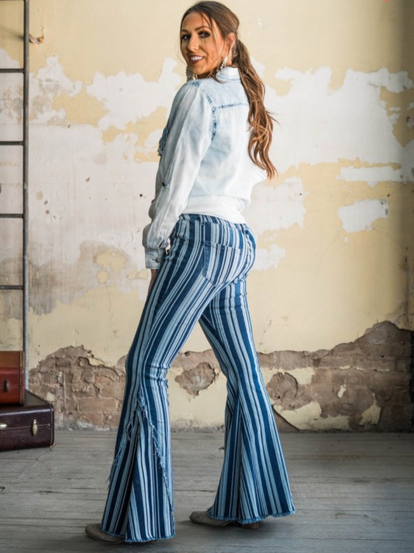 Stripe Button Fly Denim Flare Jeans