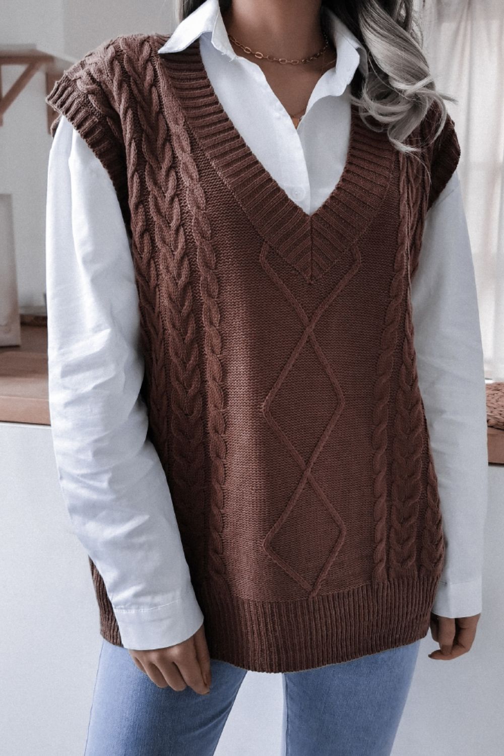 Janis Cable-Knit V-Neck Sweater Vest