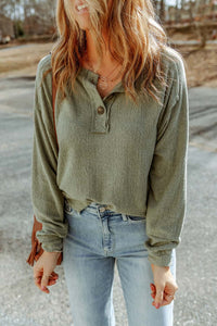 Mossy Buttoned Round Neck Long Sleeve Top