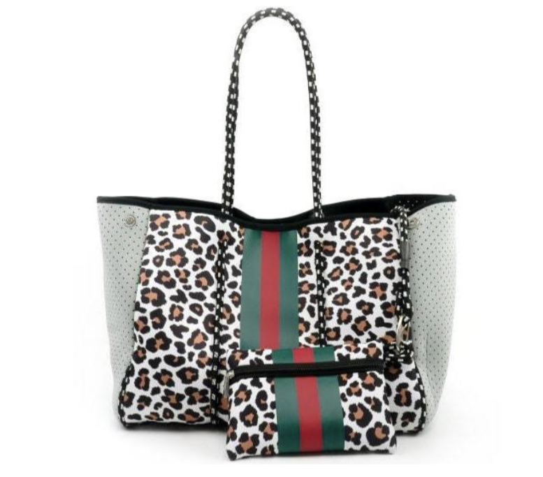 Leopard Print Green & Red Striped Neoprene Tote