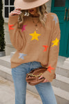 Star Pattern Round Neck Fuzzy Sweater