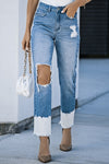 Contrast Distressed High Waist Jeans