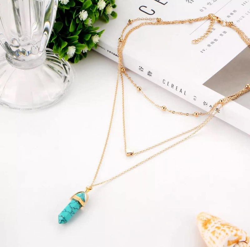 Gold Triple Chain Turquoise Necklace