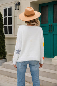 Star Pattern Round Neck Fuzzy Sweater