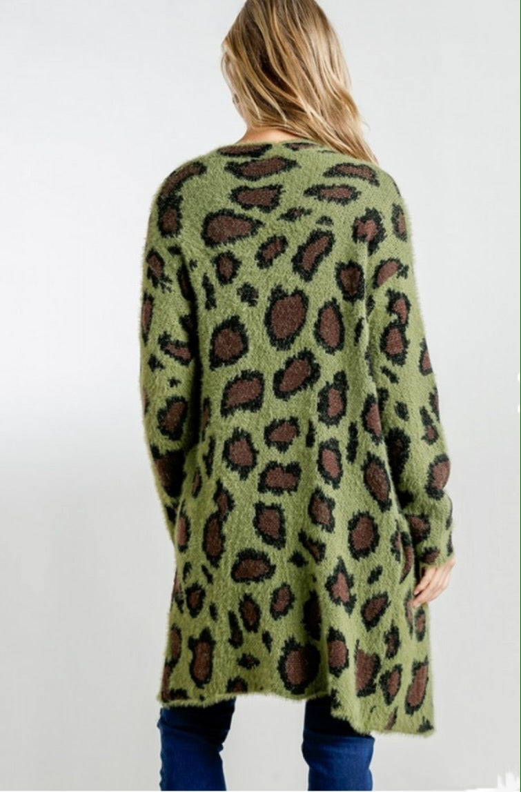 Animal Print Long Sleeve Fuzzy Open Front Sweater