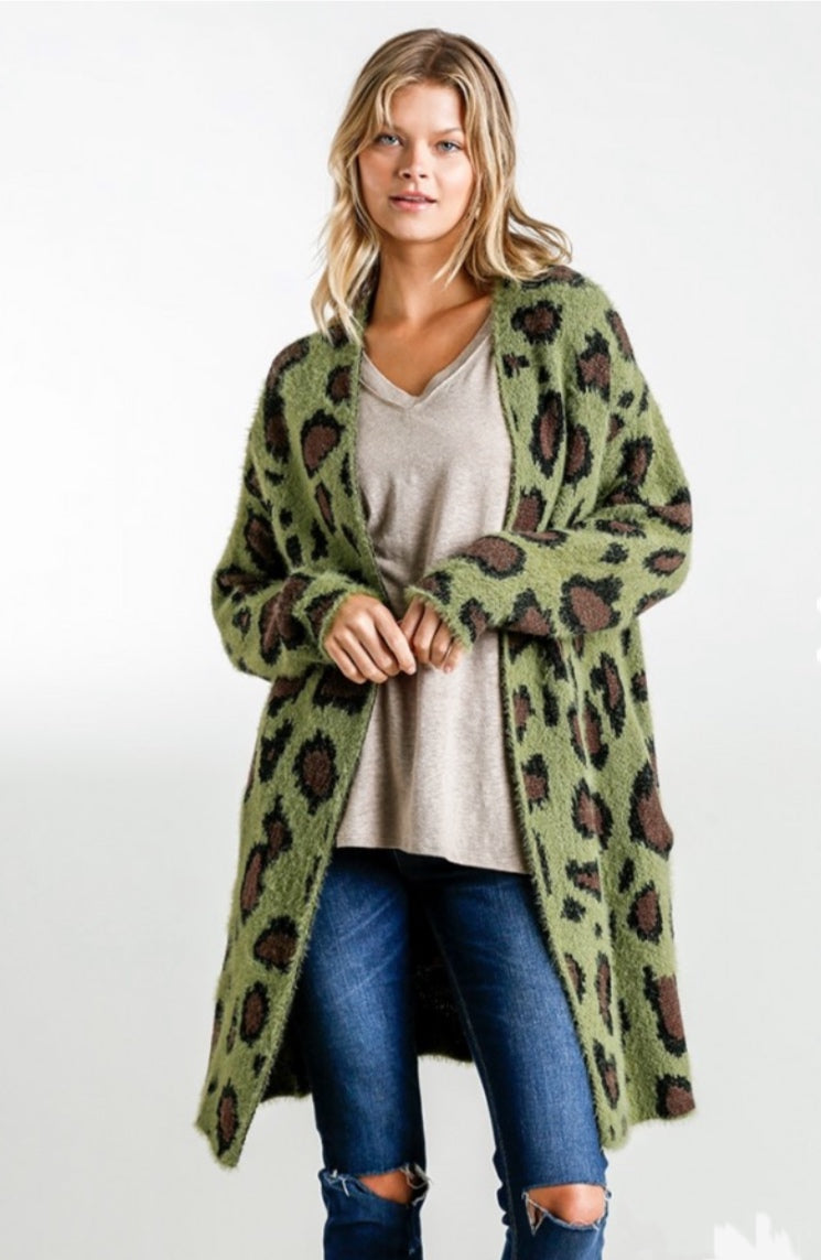 Animal Print Long Sleeve Fuzzy Open Front Sweater