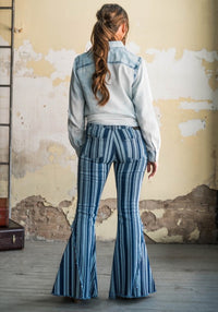 Stripe Button Fly Denim Flare Jeans