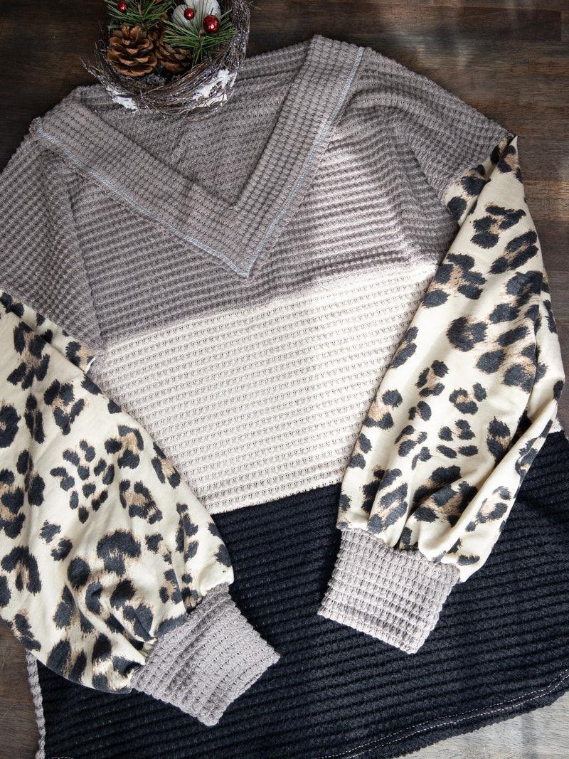 Waffle Long Sleeve Color Block top With Leopard Print