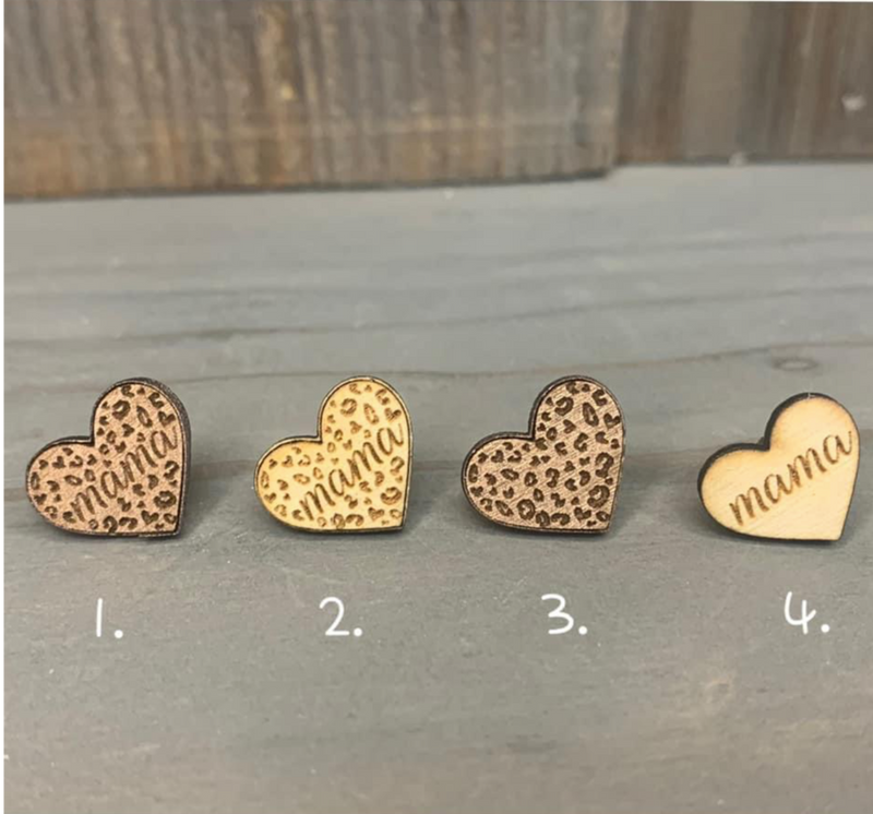 Wood Carved Heart Studs