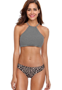 Leopard Stripe High Neck Bikini Set