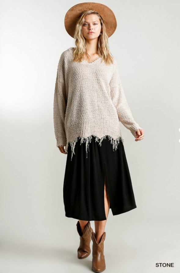 Long Sleeve Frayed Knit Sweater