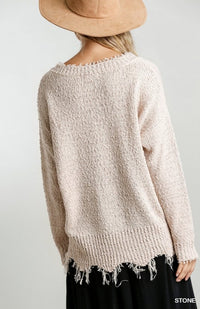 Long Sleeve Frayed Knit Sweater